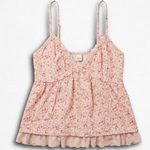 Evolutionary Pink Floral Lace Trim Babydoll Camisole Top Cottagecore Smocked Top